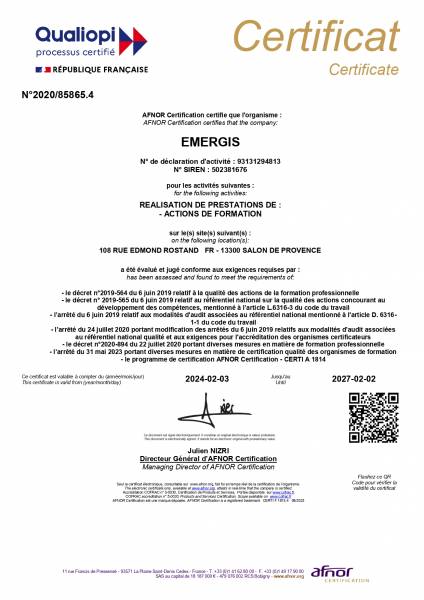 Emergis renouvelle sa certification Qualiopi pour ses actions de formations au mamagement -2024-2027
